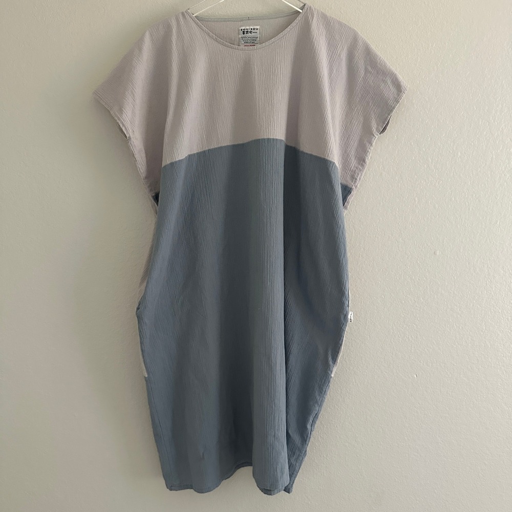 SOU SOU Kantoui Dress Womens OS Gray Blue Colorblock Japan Made Gauzy Pocket